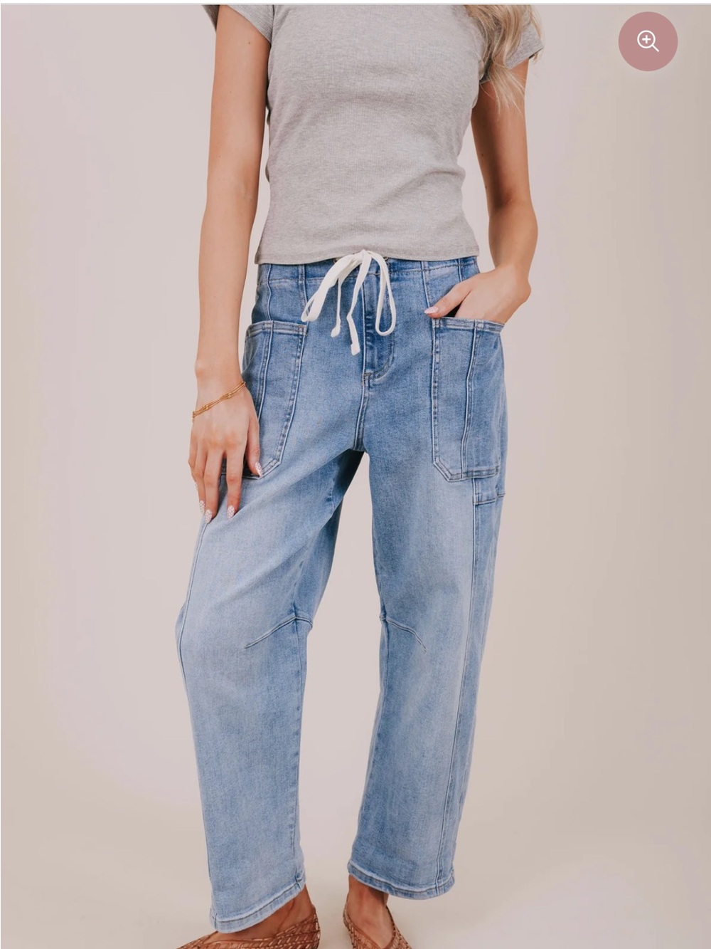Light Blue Drawstring Boyfriend Jeans for Women